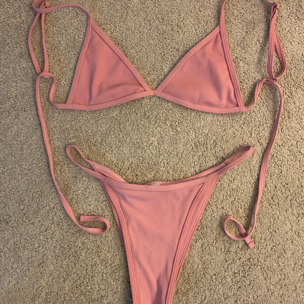 ZAFUL Ribbed Tie String Bikini Swimsuit - Pig Pink